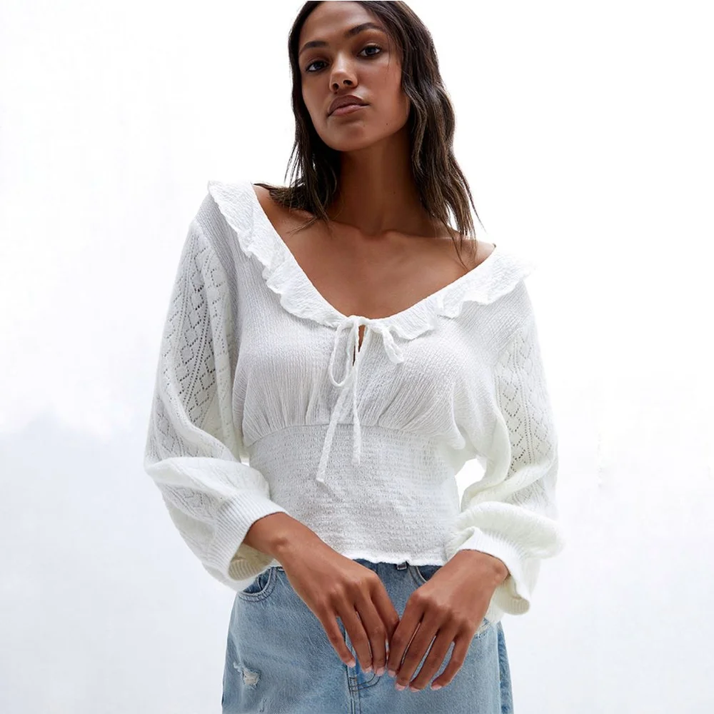 Free People Billie Sweater Top ivory white ruffle smocked peasant women's medium